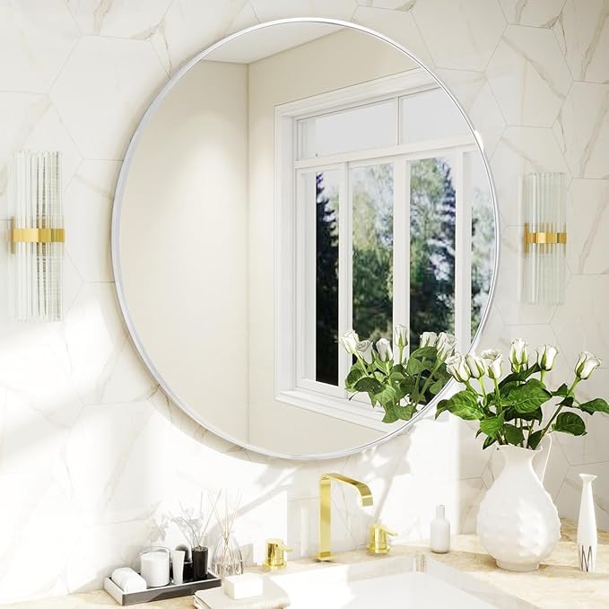 BEAUTYPEAK 24 Inch Round Mirror, Metal Frame Circle Mirror, Wall Mounted for Entryway, Bathroom, Vanity, Living Room, White