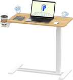 FLEXISPOT H7 Adjustable Overbed Bedside Table with Wheels Pneumatic Mobile Standing Desk Laptop Desk Rolling Computer Cart Movable Overbed Table Hospital Home Use(27.6" W x 15.7" D, Maple Table)