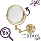JERDON Wall-Mounted Makeup Mirror with Lights - Direct-Wired Lighted Makeup Mirror with 8X Magnification & Gold Finish - Model HL88BGLD
