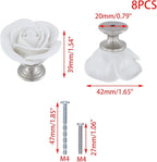 8PCS 1.65" × 1.54" White Rose with Base Knobs Ceramics Flower Shaped Pulls for Cupboard Drawer, with 2 Kinds of Screws