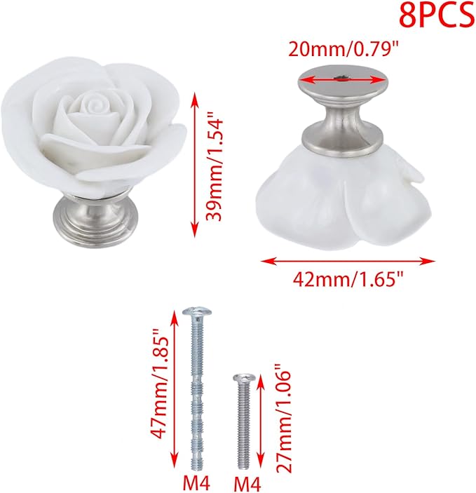 8PCS 1.65" × 1.54" White Rose with Base Knobs Ceramics Flower Shaped Pulls for Cupboard Drawer, with 2 Kinds of Screws