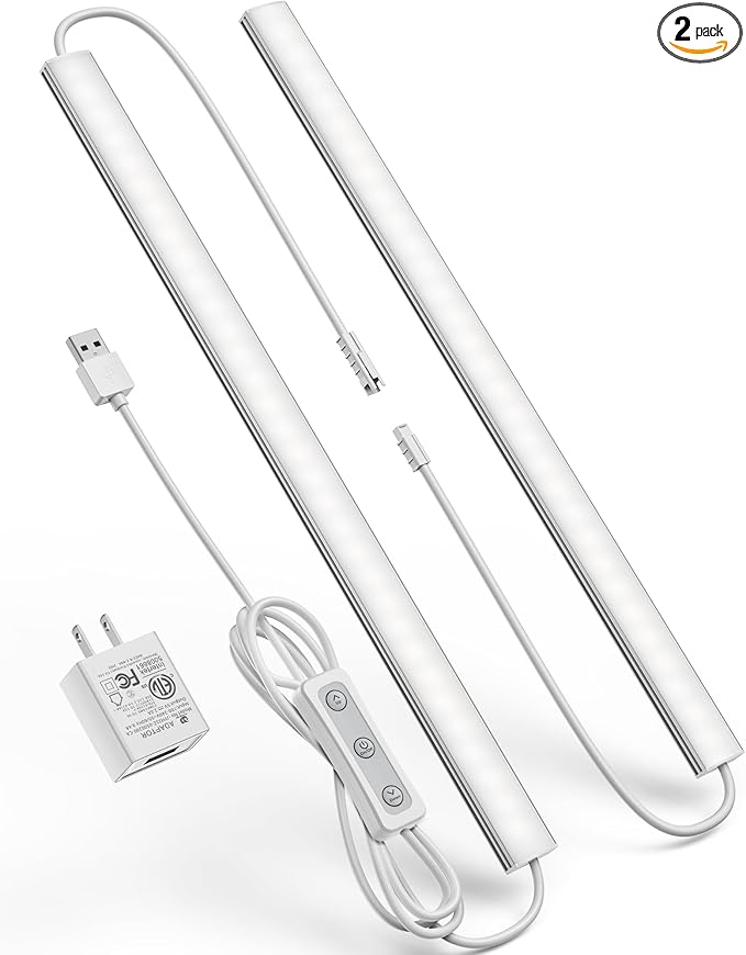 Plug-in Under Cabinet Lighting, Dimmable Counter Lights for Kitchen, 2pcs 12 Inch, Cold White 6000K Linkable USB Led Closet Light, Wired Indoor Night Lights Bar for Desk, Sink,Workbench