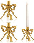 Mumufy 2 Pcs Gold Bow Taper Candle Holder Vintage Metal Candle Stick Holders Antique Brass Decorative Candlestick for Wedding Christmas Home Table Decor, 4.5" W x 4.3" H