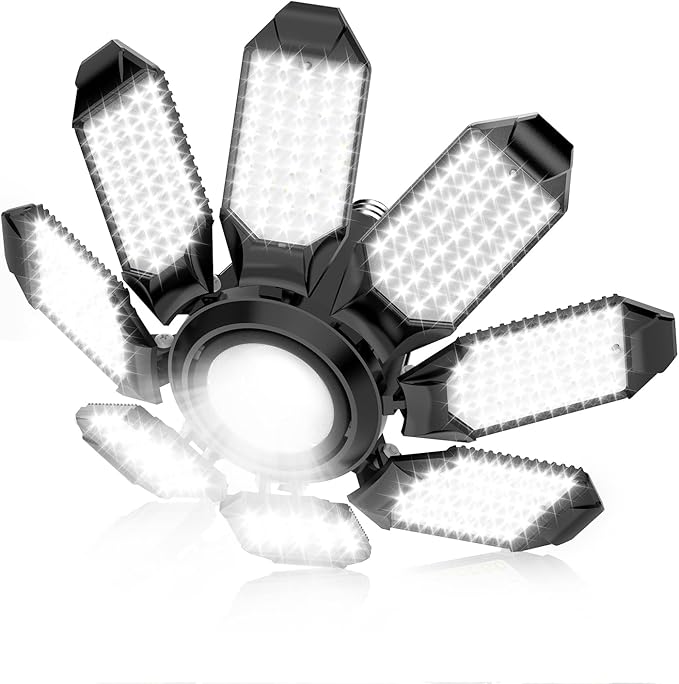 Garage Lights - Super Bright 25000LM Garage Lights Ceiling Led w/ 8 Deformable Panels 6500K Led Light Bulb Srew in E26/E27 Socket with Adjustable Center Spotlight for Barn Workshop Attic