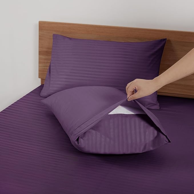 Mejoroom Striped Full Size Sheets – Extra Soft Full Size Bed Sheets - 16inches deep Pocket Full Sheet Set, Breathable, Wrinkle, Fade and Stain Resistant - 4 Piece (02-Purple)