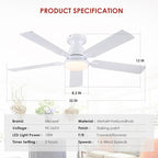 Ceiling Fans with Lights- 52" RGB Low Profile Indoor Ceiling Fan with Light and Remote/APP Control, Flush Mount, LED Dimmable DC Reversible Modern Ceiling Fan for Bedroom（White）