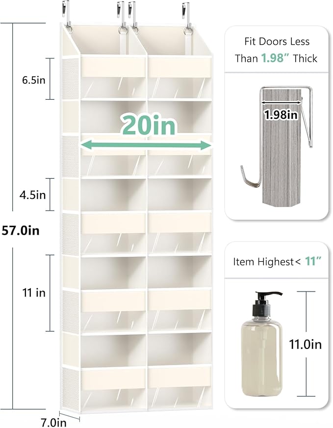 Heavy Duty Over The Door Organizer 5 Tiers, Extra Large Behind Door Storage of 10 Big Front & 10 Mesh Pockets, 80lb Weight Capacity, Hanging Doors Storage Organizer for Closet Bedroom Nursery, Beige