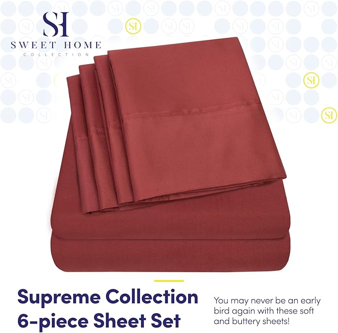 Cal King Size Bed Sheets - 6 Piece 1500 Supreme Collection Fine Brushed Microfiber Deep Pocket California King Sheet Set Bedding - 2 Extra Pillow Cases, Great Value, California King, Burgundy
