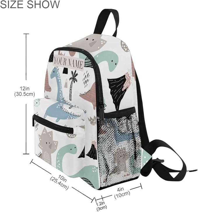 OREZI Custom Mame/Text Preschool Backpack with Chest Strap,Personalized Dino Scandinavian Style Mini Toddler Backpack Daycare Toy Bag for Boys Girls,10 x 4x 12 Inches