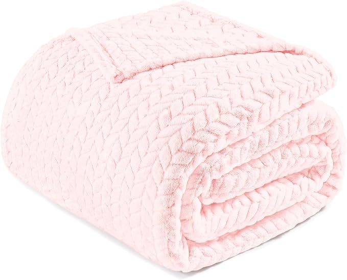Exclusivo Mezcla Fleece Twin Size Blanket for Bed, 90x66 Inches Soft Cozy Jacquard Flannel Blankets, Lightweight Fuzzy Plush Warm for Winter, Light Pink