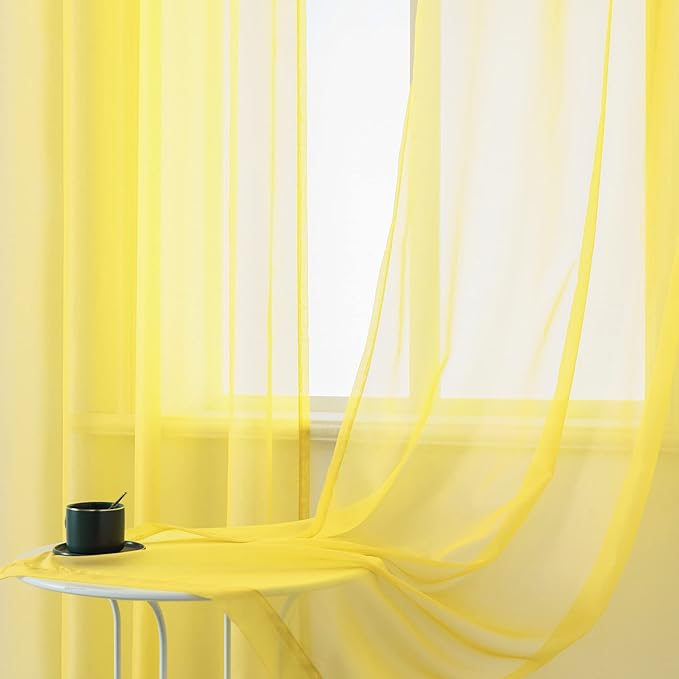 Yellow Curtains 108 Inches Long for Bedroom 2 Panels Grommet Voile Drapes Semi Sheer Light Filtering Sliding Glass Door Curtains for Floor Length Windows Patio Living Room Wide 52x108 Inch Length