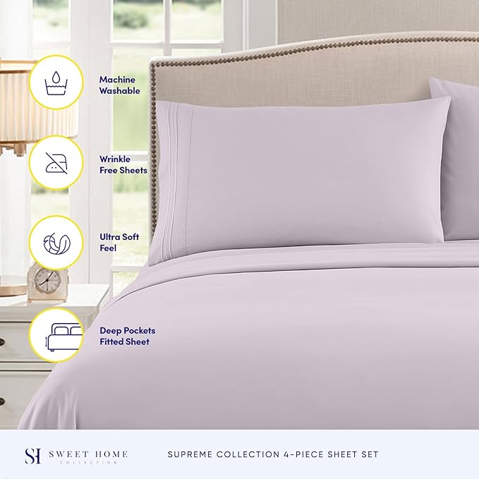 Queen Size Bed Sheets - Breathable Luxury Sheets with Full Elastic & Secure Corner Straps Built In - 1800 Supreme Collection Extra Soft Deep Pocket Bedding Set, Sheet Set, Queen, Lilac