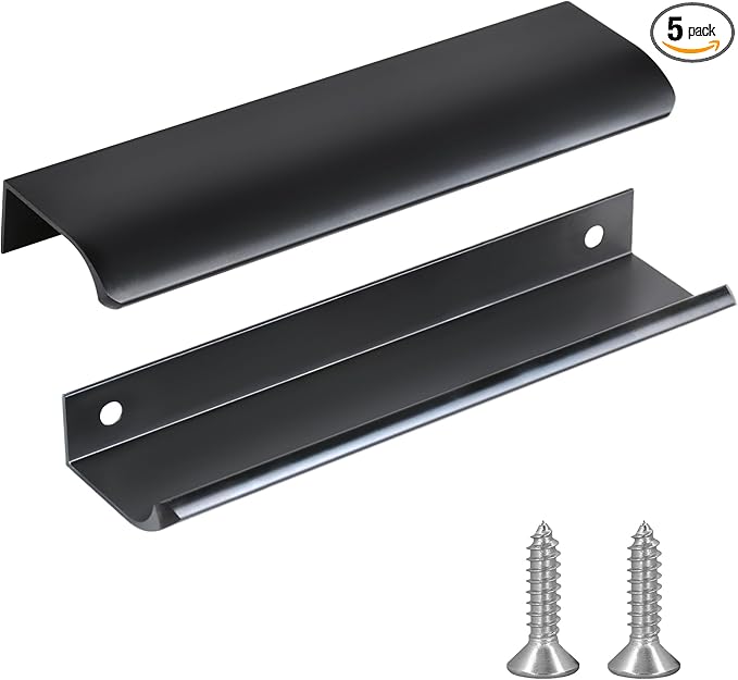JOOJA 5 Pack Modern Style Finger Edge Pull Furniture Drawer Handles Hidden Cabinet Kitchen Drawer Handles Knobs, Black 150(128) mm