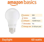Amazon Basics A19 LED Light Bulbs, 60 Watt Equivalent, Energy Efficient 9W, E26 Standard Base, Daylight White 5000K, Dimmable, 10,000 Hour Lifetime , 6-Pack