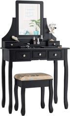 CHARMAID Makeup Vanity Set with Mirror and Cushioned Stool, Dressing Table with 5 Drawers and Removable Storage Organizers, Bedroom Makeup Table with Stool for Women Girls (Black)