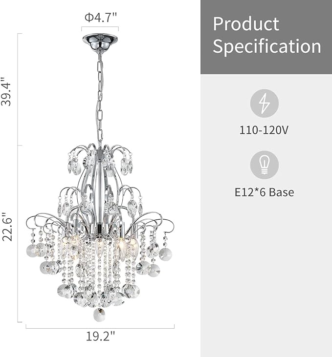 WUZUPS Crystal Chandelier 5-Light Pendant Ceiling Light Modern Lighting Fixture for Bedroom Hallway Bar Kitchen Bathroom, H 22.6'' x W 19.2'', E12 Base, Chrome