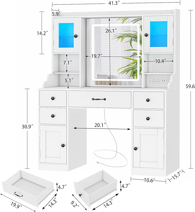Quimoo Vanity Desk with Lighted Mirror & Power Outlet, 3 Color Modes & Adjustable Brightness, Makeup Vanity Table with 5 Drawers, 2 cabinets, 2 RGB cabinets, for Bedroom, White