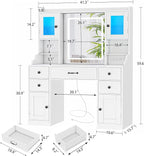 Quimoo Vanity Desk with Lighted Mirror & Power Outlet, 3 Color Modes & Adjustable Brightness, Makeup Vanity Table with 5 Drawers, 2 cabinets, 2 RGB cabinets, for Bedroom, White