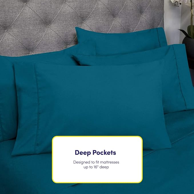 Sweet Home Collection 6 Piece 1500 Supreme Collection Brushed Microfiber Deep Pocket Sheet Set-2 Extra Pillow Cases, Great Value, Rv Short Queen, Teal