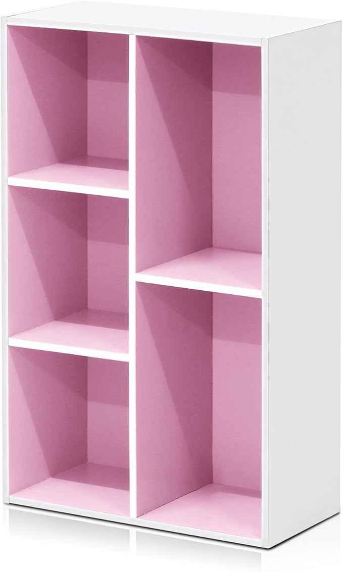 Furinno LUDER Book Shelf, 5-Cube Bookshelf, Reversible Bookcase, 9.4" x 19.5" x 31.5", for Living Room, Bedroom, Home Office, White/Pink