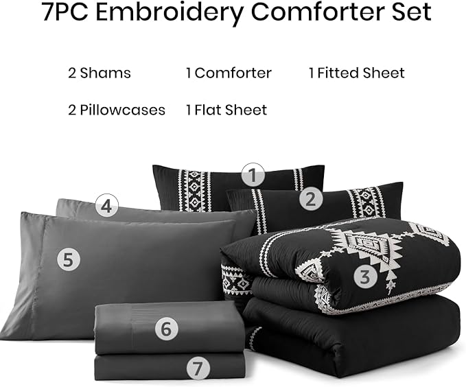MaiRêve Embroidery Queen Size Comforter Set Black, Boho Farmhouse Western Bedding Set 7 Pieces, All Season Bed in A Bag Comforter Set with Sheets, Pillowcases & Shams
