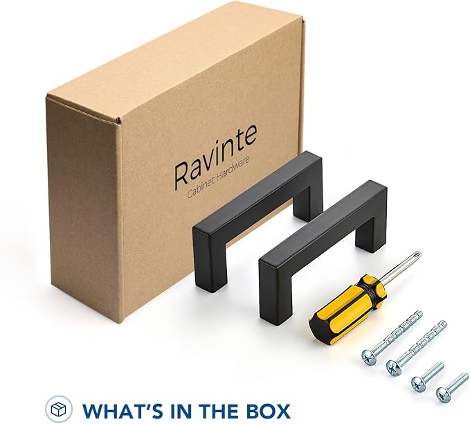 Ravinte 5 Pack Black Cabinet Pulls 3 Inch Square Kitchen Cabinet Handles Matte Black Kitchen Hardware for Drawer Pulls Drawer Handles Come with Screwdriver