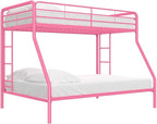 DHP Dusty Metal Bunk Bed Frame, Twin-Over-Full for Kids, Teens, Adults, Angled Ladder, Guardrail, No Boxspring, Small Spaces, Pink