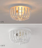 Q&S White Flush Mount Ceiling Light Fixtures,2-Lights Wood Beaded Boho Chandeliers for Nursery Baby Bedroom Dining Room Living Room Kitchen Hallway W11.81