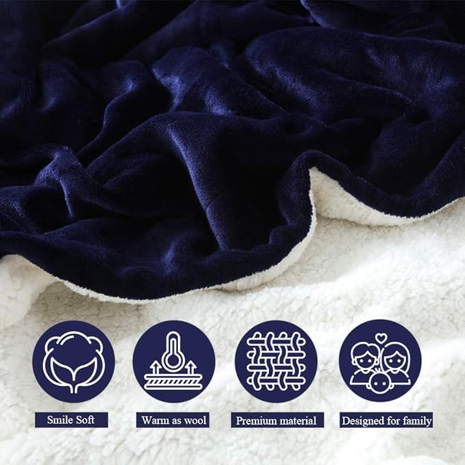 NANPIPER Couch Blanket Reversible Sherpa Flannel Blanket Ultra-Soft Plush Warm Fleece Microfiber (90"x90" Navy Blue) Queen