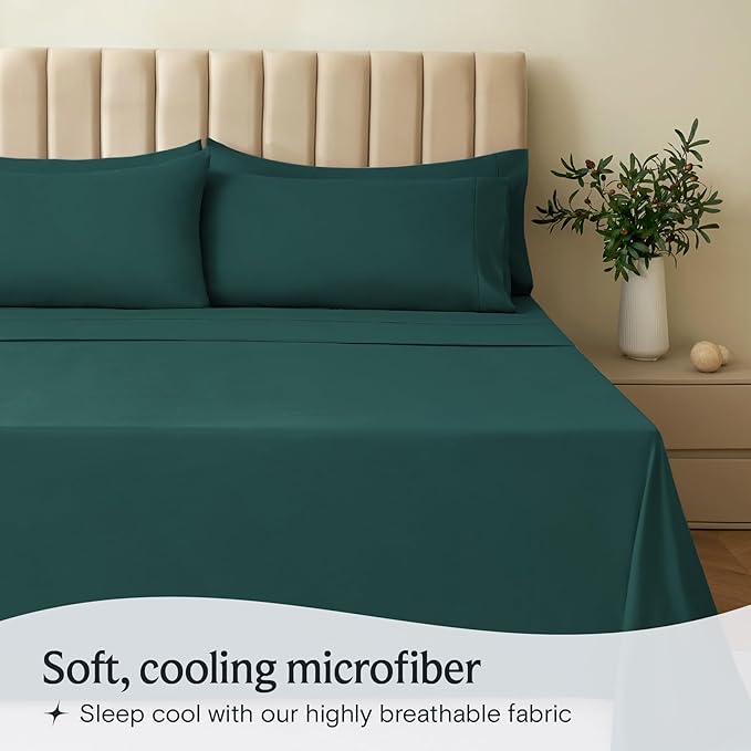 LuxClub 5 PC Split King Sheet Set, Breathable Luxury Bed Sheets, Deep Pockets Wrinkle Free Cooling Sheets Machine Washable Hotel Bedding Silky Soft - Emerald Split King