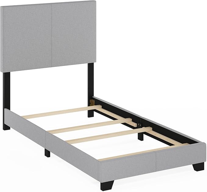 Furinno Pessac Fabric Upholstered Bed Frame with Wooden Slat Support, Twin, Glacier