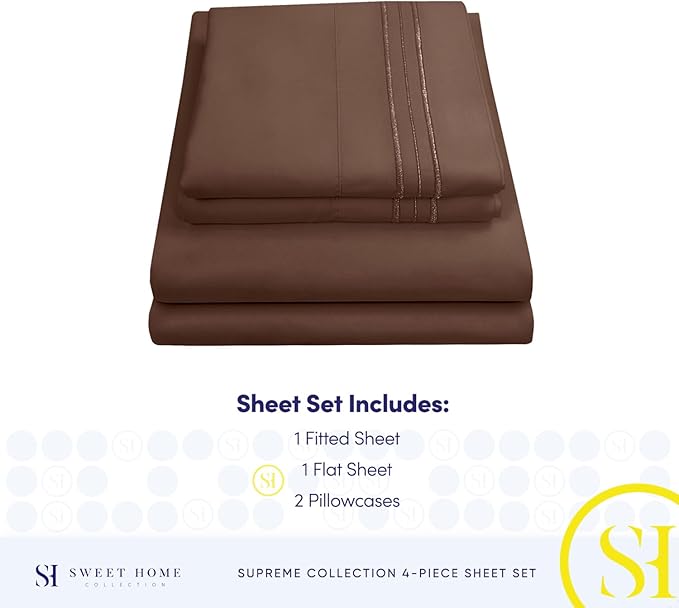 Split King Sheets - Breathable Luxury Sheets with Full Elastic & Secure Corner Straps Built In - 1800 Supreme Collection Extra Soft Deep Pocket Bedding Set, Sheet Set, Split King Size, Brown