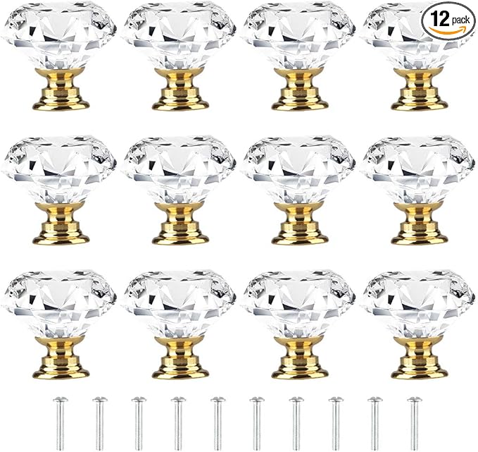 Tomorotec Elegant Crystal Diamond-Shaped Glass Drawer Pulls - Set of 12 with Golden Base and Screws, 1.2 inch/30mm - Ideal for Kitchen, Bathroom, Dresser and Wardrobe Cabinets