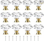 Tomorotec Elegant Crystal Diamond-Shaped Glass Drawer Pulls - Set of 12 with Golden Base and Screws, 1.2 inch/30mm - Ideal for Kitchen, Bathroom, Dresser and Wardrobe Cabinets