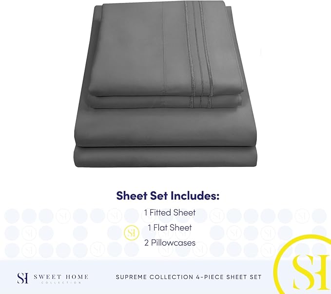 Split King Sheets - Breathable Luxury Sheets with Full Elastic & Secure Corner Straps Built In - 1800 Supreme Collection Extra Soft Deep Pocket Bedding Set, Sheet Set, Split King Size, Gray