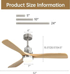 Sofucor 52 Inch Ceiling Fans With Lights, Solid Wood Indoor/Outdoor Ceiling Fan with Lights Remote Control, Reversible DC Motor, 3 Blade Modern Ceiling Fan Light for Bedroom Patio Farmhouse