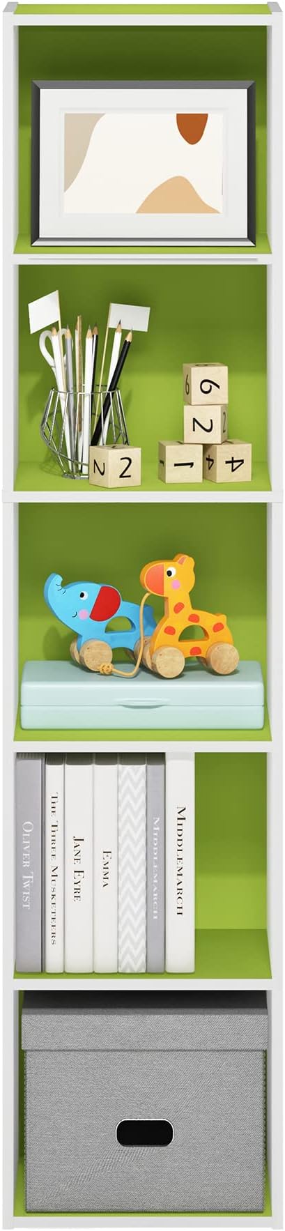 Furinno PASIR Book Shelf, 5-Tier Modern Bookshelf, Open Shelves Bookcase 9" x 12" x 52", for Living Room, Bedroom, Home Office, Green/White
