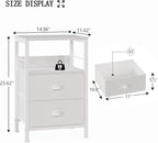Furologee Nightstand Bedside Table with 2 Fabric Drawers, White Side Table with 2-Tier Shelf, Night Stand with Hooks, for Bedroom, Living Room, Backboard Design, Wooden Top, Metal Frame, White