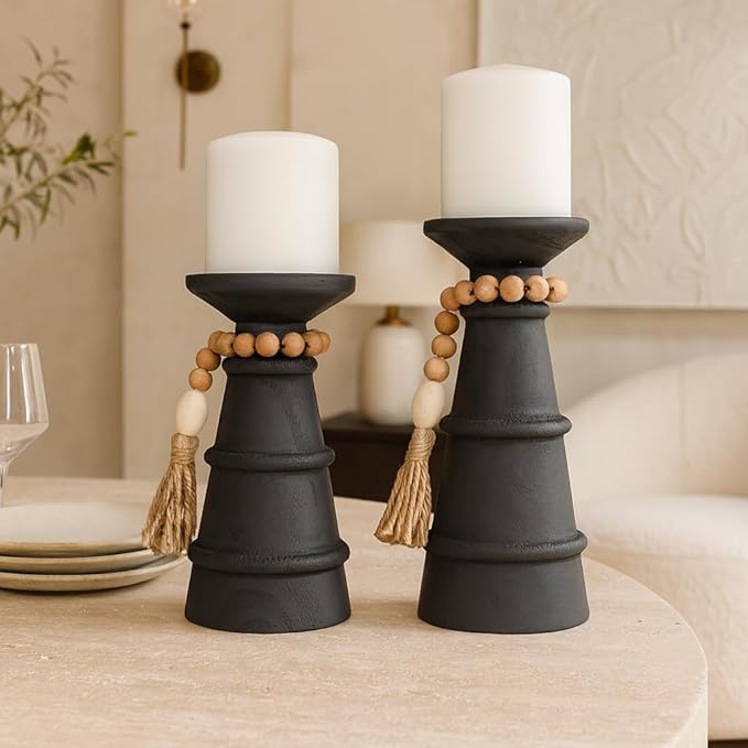 Deco 79 Wood Handmade Decorative Candle Holder Textured Matte Candle Stand with Beaded Garland Accent, Set of 2 Candlestick Holder 10", 8" H, Black