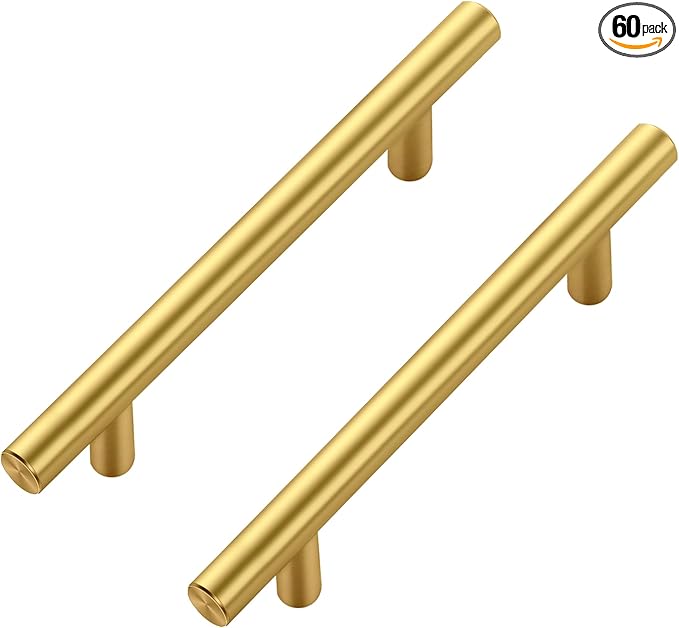 JOY DECOR 60 Pack Cabinet Handles, Gold Cabinet Pulls, 4 in Hole Center Kitchen Cabinet Handles, Stainless Steel T Bar Handles for Dresser Drawers