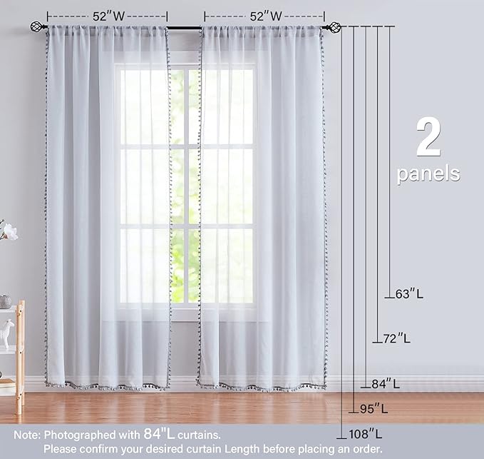 Treatmentex Grey Linen Textured Sheer Curtains Drapes for Bedroom Living Room Office Window Curtain Set 2 Pack Extral Long 108 inches Length Rod Pocket
