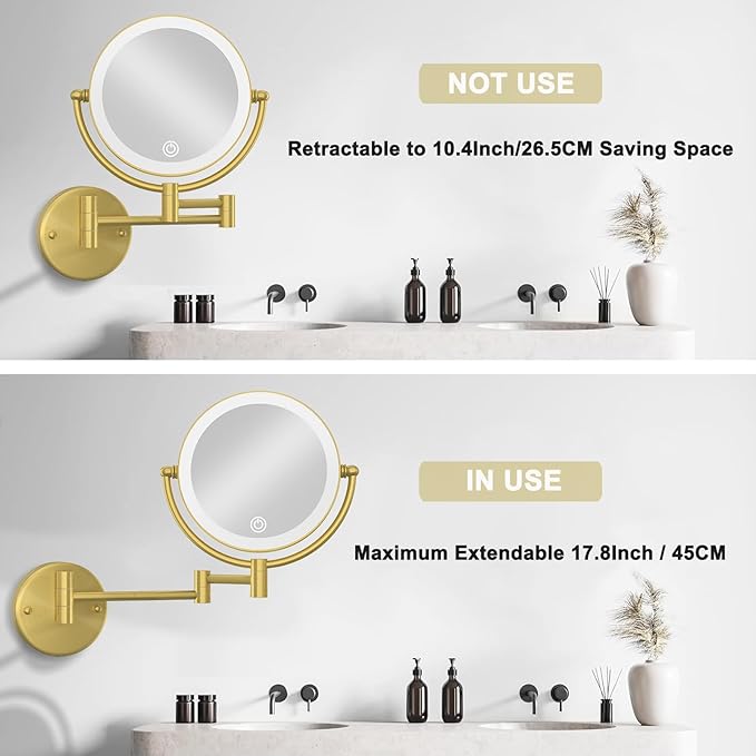 Gold Wall Mounted Makeup Mirror with Light and Magnification 10X, 2 Sided with 3 Color Led Dimmable, 360 Swivel Extension Shaving for Bathroom Hard Wired