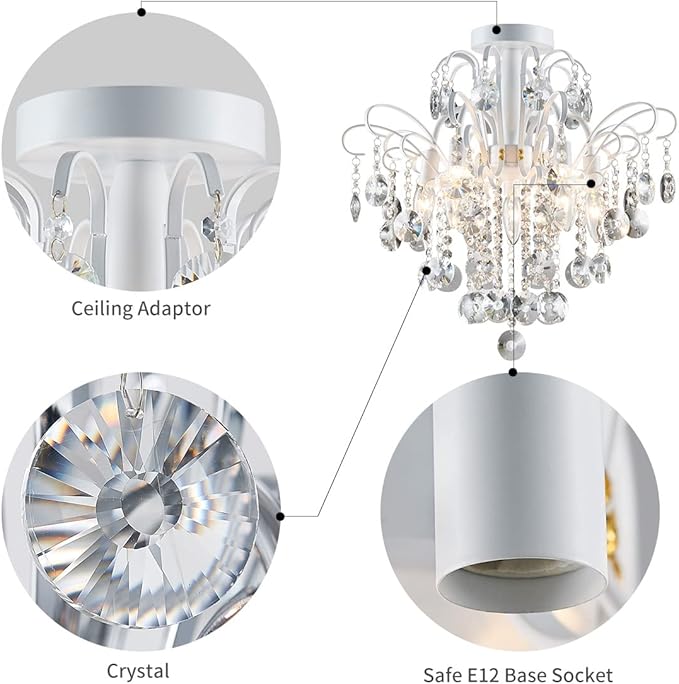 WUZUPS Crystal Chandelier Flushmount Ceiling Light Modern Lighting Fixture for Bedroom Hallway Bar Kitchen Bathroom, H 17.5'' x W 19.3'', E12 Base, White