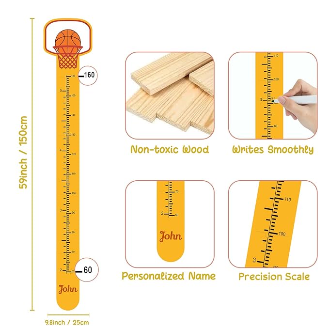 Personalized Growth Chart for Wall, Wooden Height Chart for Kids, Cute Height Measurement for Child/Girls/Boys, Baby and Toddler's Playroom/Kid's Room/Nursery Decor, Basketball