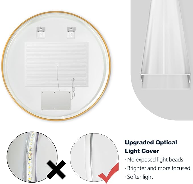 Niccy Round Led Mirror for Bathroom, 32" Backlit Mirror for Wall Circle Lighted Mirror with Gold Frame Anti-Fog, 3 Colors, HD Glass and IP65 Waterproof