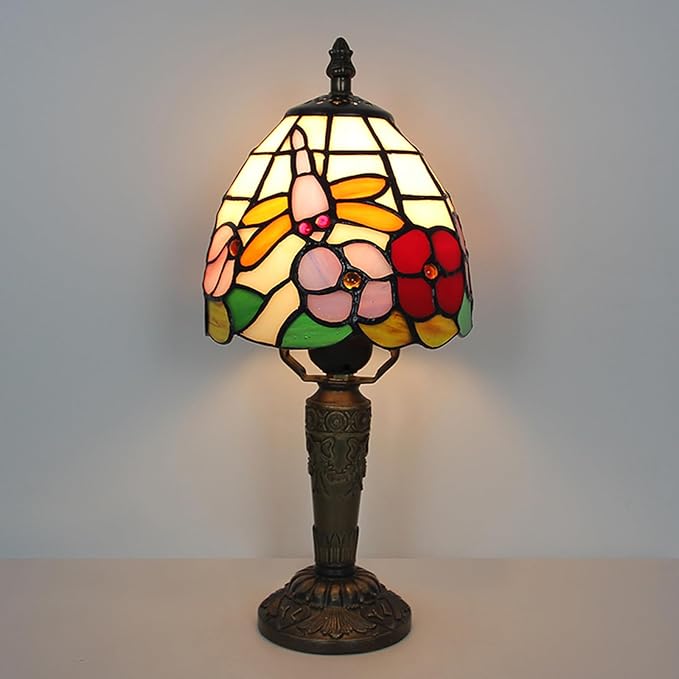 Tiffany Small Lamp Baroque Stained Glass Table Lamp 3 Way Color-Temparetures Bedside Nightstand Table Lamps for Bedroom Living Room Home Office Desk Light W/LED Bulb 6X6X12.5Inch