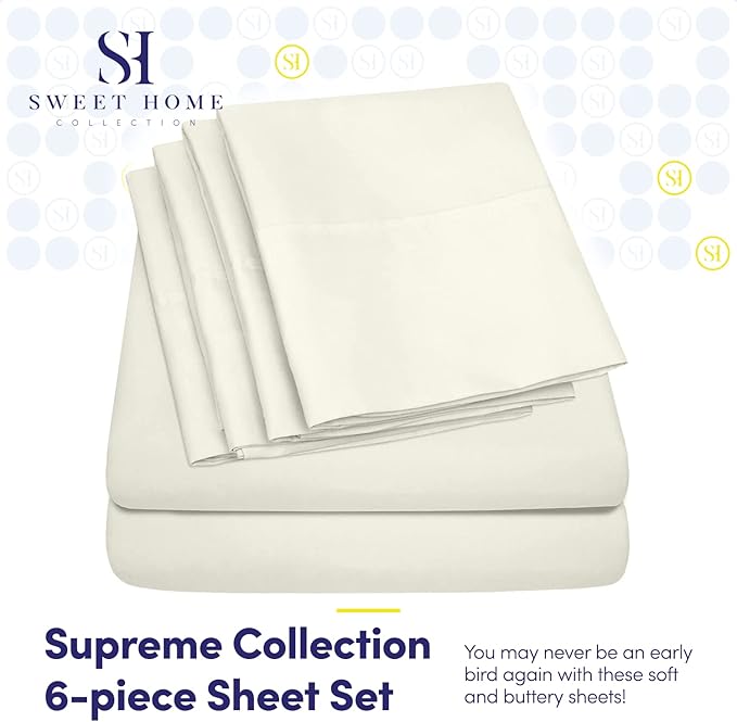 Sweet Home Collection 6 Piece Bed Sheets 1500 Supreme Collection Microfiber Deep Pocket Set-Extra Pillow Cases, Value, Queen, Ivory