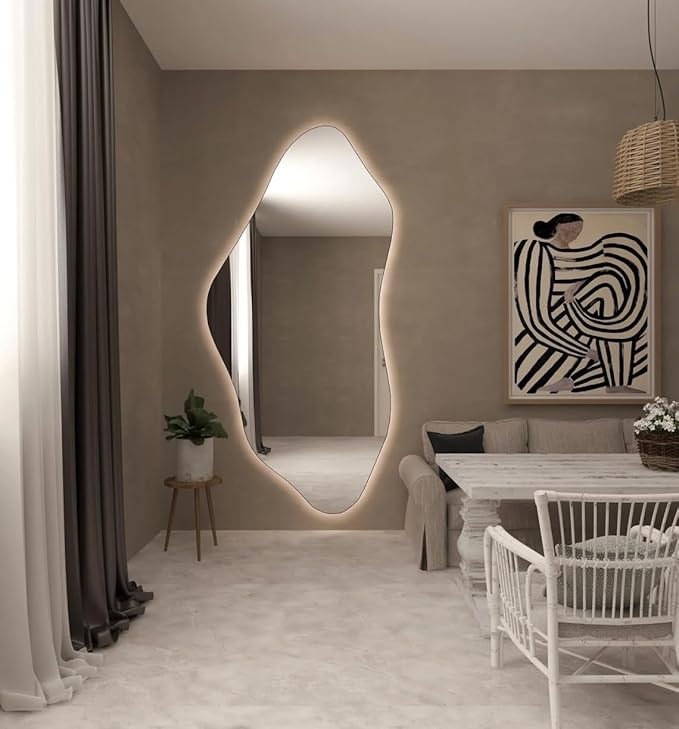 Asymmetrical Bathroom LED Mirror, Modern Irregular Shape Wall Mirror with LED Lights, Frameless Aesthetic Backlit LED Illimunated Vanity Mirror (60" x 30" inc)