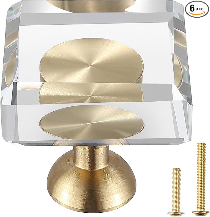 6-Pack 1-1/4-Inch White Cabinet Glass Crystal knobs Brass Drawer Round Knobs Dresser Pulls, Gold Hardware Kitchen Closet knobs for Bifold Doors (Square-1.2inch, 6-Pack)