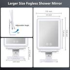 Heated Shower Mirror Fogless for Shaving, 3 Colors Stepless Dimmable Lights Fogless Mirror for Shower, Rechargeable Anti Fog Shaving Mirror for Shower with Razor Holder, Light Memory Function, White